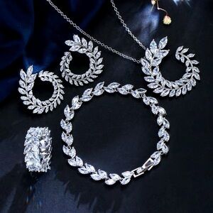 4 Pcs Set 925 Sterling Silver Cubic Zirconia Necklace, Earrings, Bracelet, Ring
